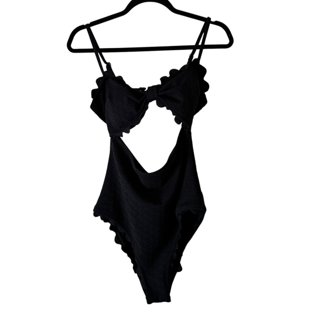 Cupshe Black One Piece Swimsuit Cut Out Ruffle Trim Sexy Swimwear L